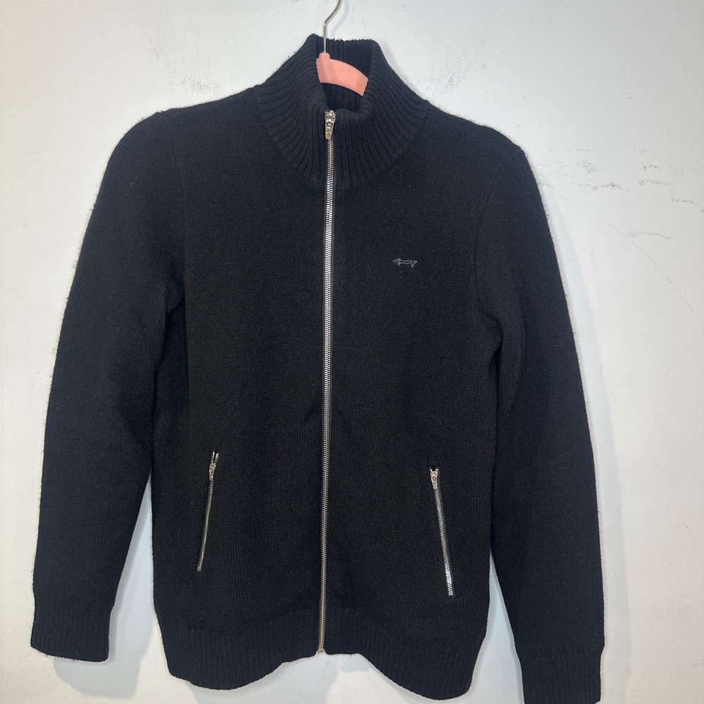 Minimalist Luxury Mens Black 100% Wool Full Zip Cardigan Sweater Lined SMALL